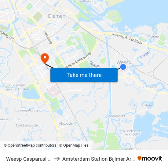 Weesp Casparuslaan to Amsterdam Station Bijlmer ArenA map