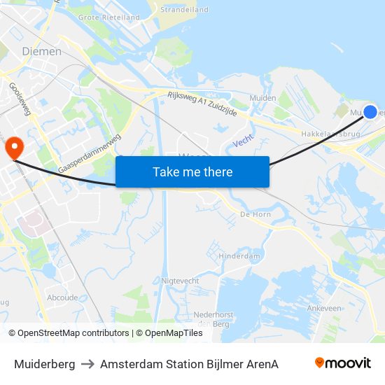 Muiderberg to Amsterdam Station Bijlmer ArenA map