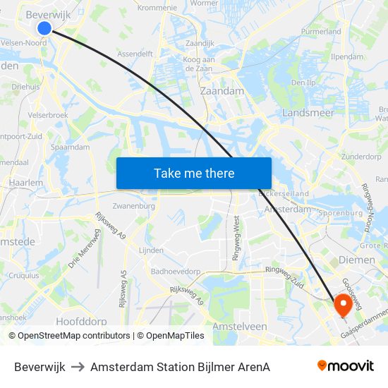 Beverwijk to Amsterdam Station Bijlmer ArenA map
