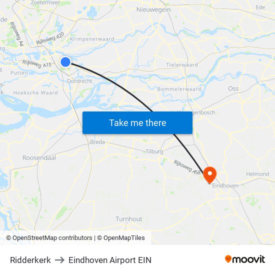 Ridderkerk to Eindhoven Airport EIN map