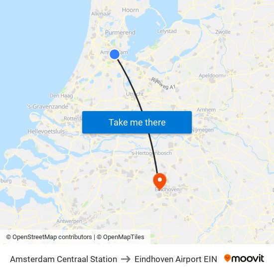 Amsterdam Centraal Station to Eindhoven Airport EIN map
