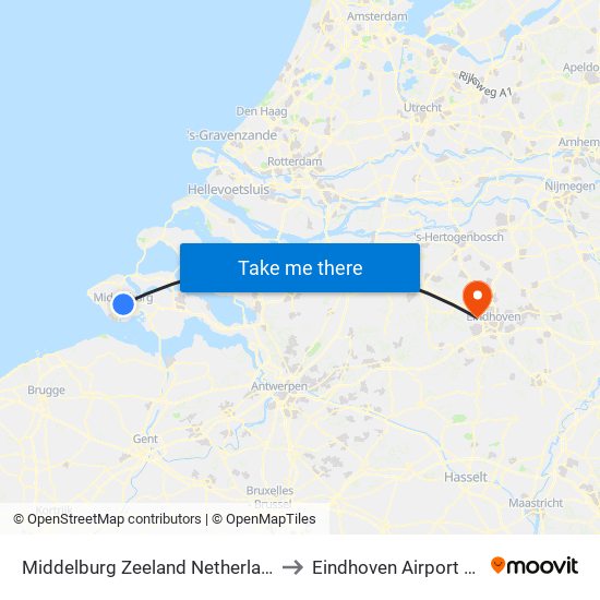 Middelburg Zeeland Netherlands to Eindhoven Airport EIN map