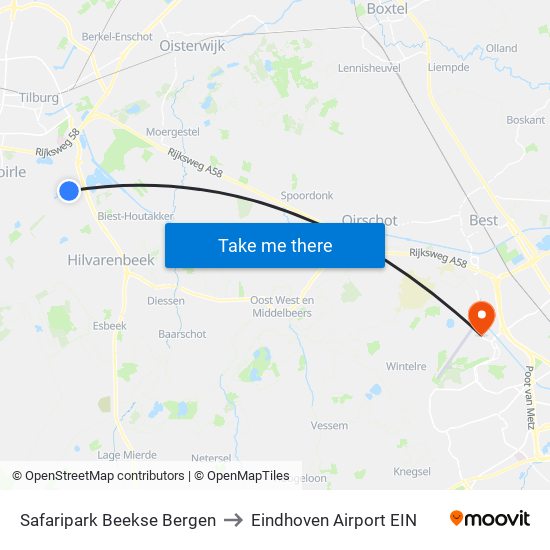 Safaripark Beekse Bergen to Eindhoven Airport EIN map
