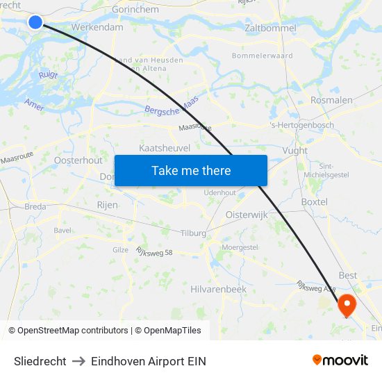 Sliedrecht to Eindhoven Airport EIN map
