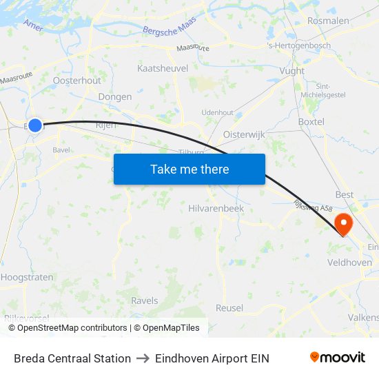 Breda Centraal Station to Eindhoven Airport EIN map