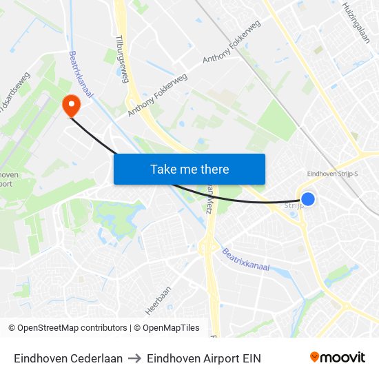 Eindhoven Cederlaan to Eindhoven Airport EIN map