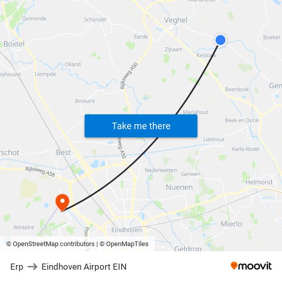 Erp to Eindhoven Airport EIN map