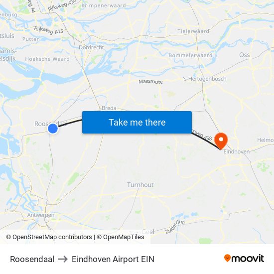 Roosendaal to Eindhoven Airport EIN map