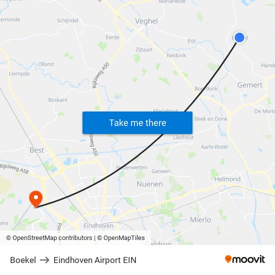 Boekel to Eindhoven Airport EIN map