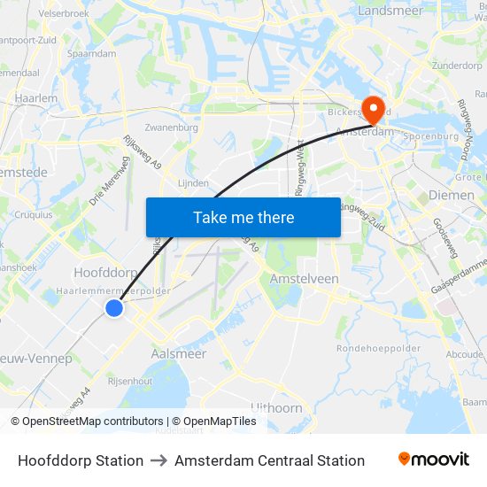 Hoofddorp Station to Amsterdam Centraal Station map