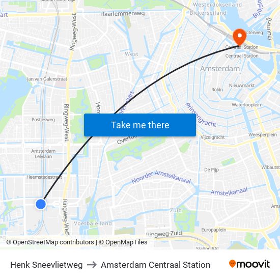 Henk Sneevlietweg to Amsterdam Centraal Station map