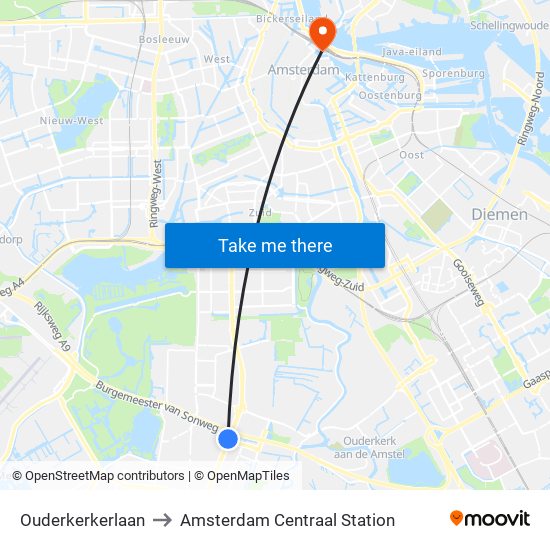 Ouderkerkerlaan to Amsterdam Centraal Station map