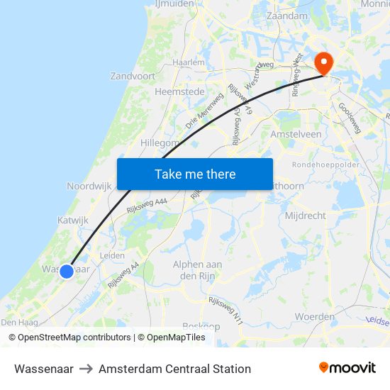 Wassenaar to Amsterdam Centraal Station map