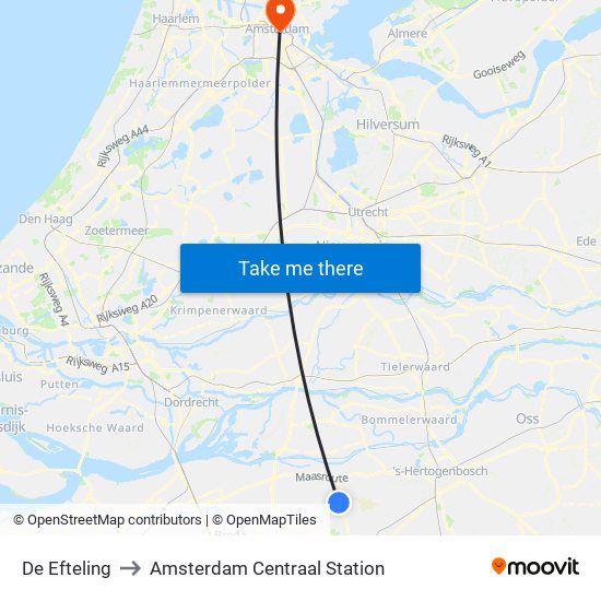 De Efteling to Amsterdam Centraal Station map