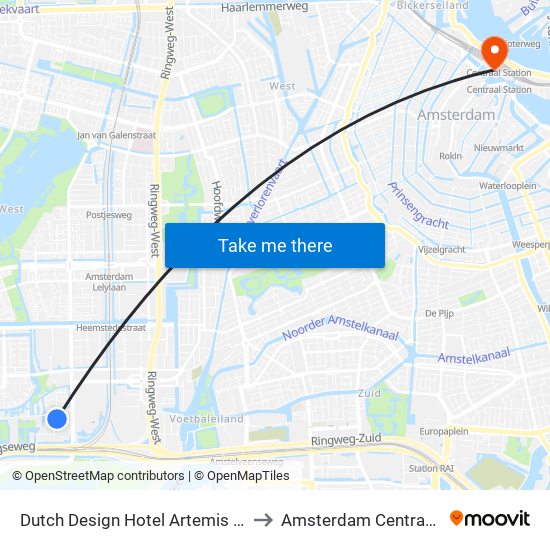 Dutch Design Hotel Artemis Amsterdam to Amsterdam Centraal Station map