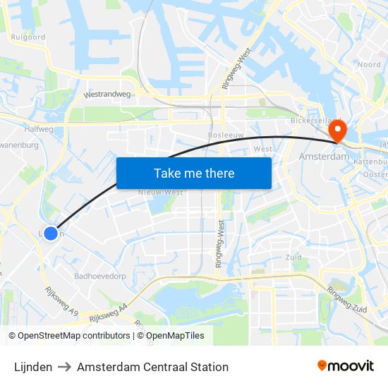 Lijnden to Amsterdam Centraal Station map