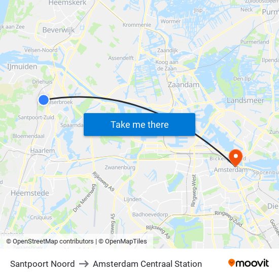 Santpoort Noord to Amsterdam Centraal Station map