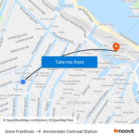 Anne Frankhuis to Amsterdam Centraal Station map