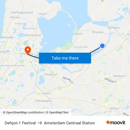 Defqon 1 Festival to Amsterdam Centraal Station map