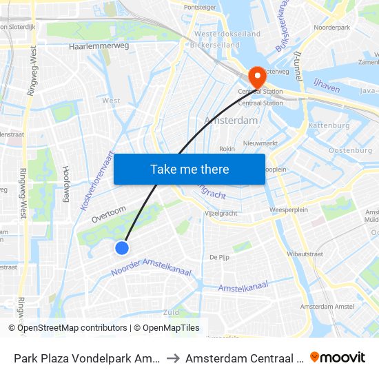 Park Plaza Vondelpark Amsterdam to Amsterdam Centraal Station map