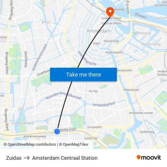 Zuidas to Amsterdam Centraal Station map