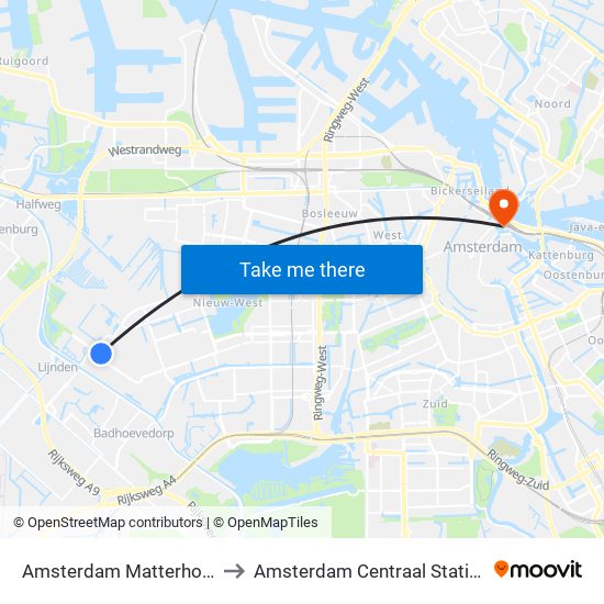Amsterdam Matterhorn to Amsterdam Centraal Station map