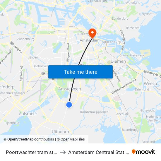 Poortwachter tram stop to Amsterdam Centraal Station map