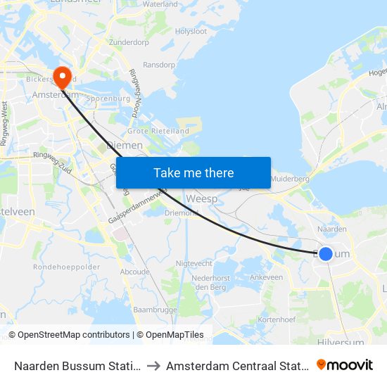 Naarden Bussum Station to Amsterdam Centraal Station map