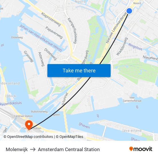 Molenwijk to Amsterdam Centraal Station map