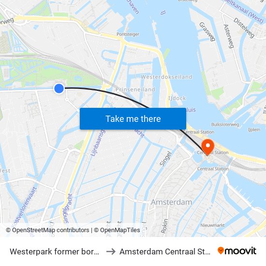 Westerpark former borough to Amsterdam Centraal Station map