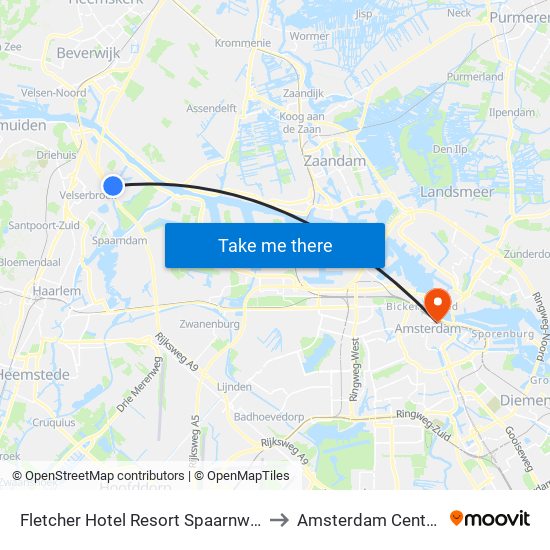 Fletcher Hotel Resort Spaarnwoude Velsen Zuid to Amsterdam Centraal Station map