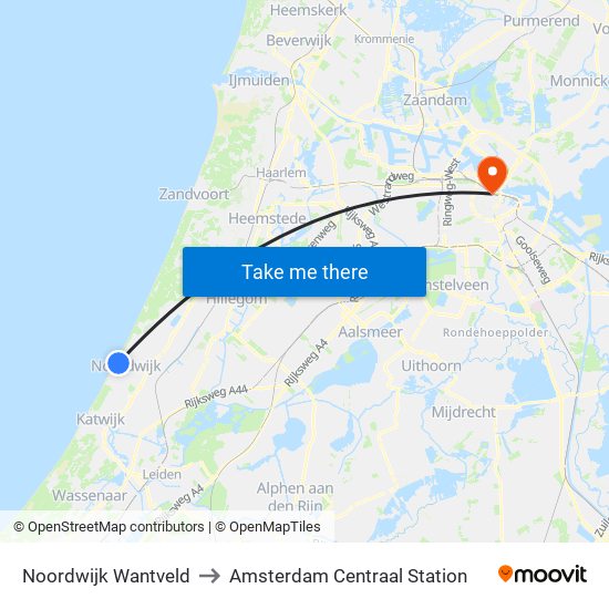 Noordwijk Wantveld to Amsterdam Centraal Station map