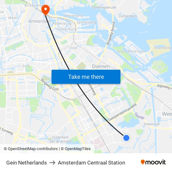 Gein Netherlands to Amsterdam Centraal Station map