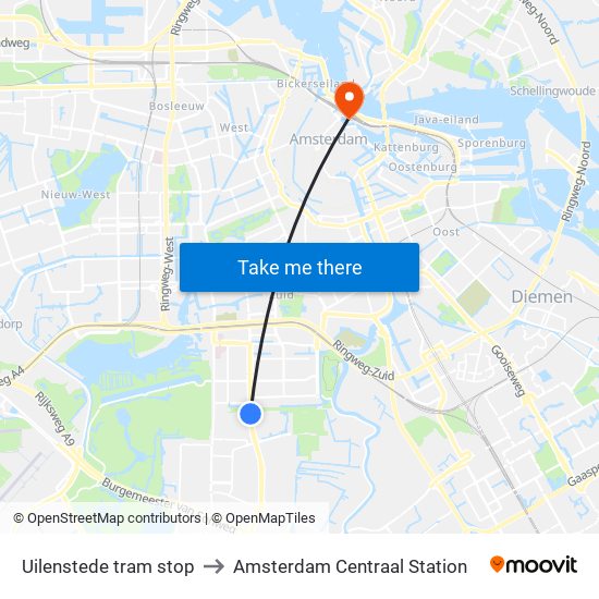 Uilenstede tram stop to Amsterdam Centraal Station map