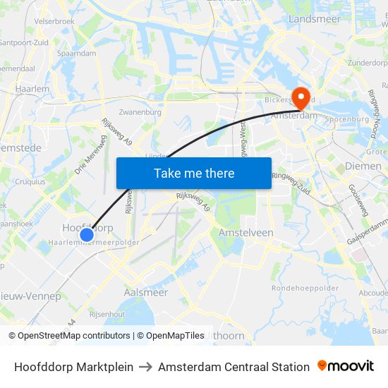 Hoofddorp Marktplein to Amsterdam Centraal Station map