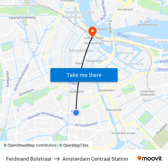 Ferdinand Bolstraat to Amsterdam Centraal Station map