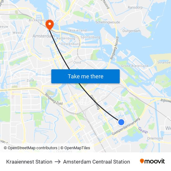 Kraaiennest Station to Amsterdam Centraal Station map