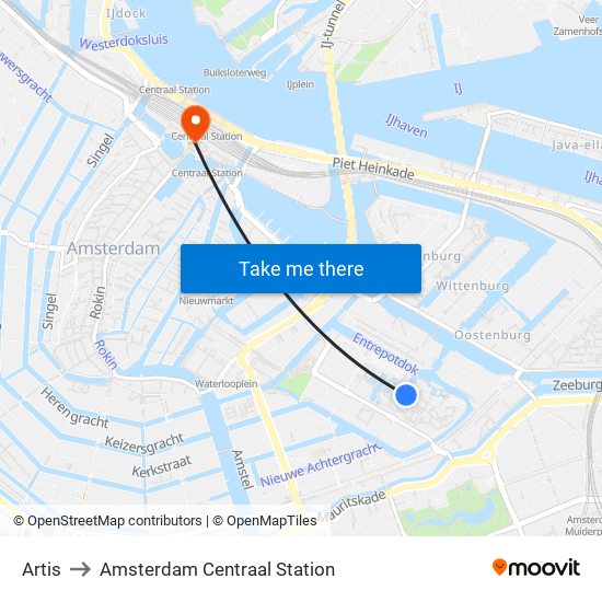 Artis to Amsterdam Centraal Station map