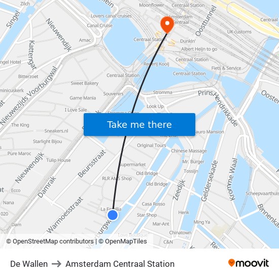 De Wallen to Amsterdam Centraal Station map