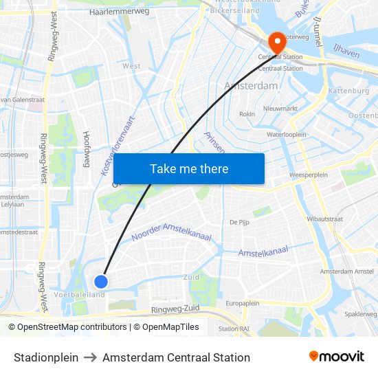 Stadionplein to Amsterdam Centraal Station map