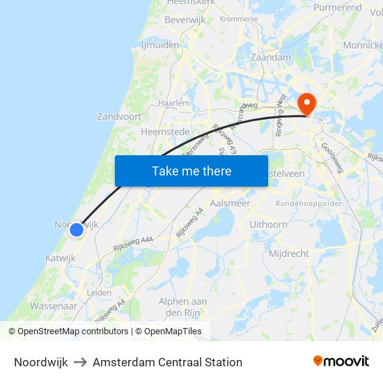 Noordwijk to Amsterdam Centraal Station map