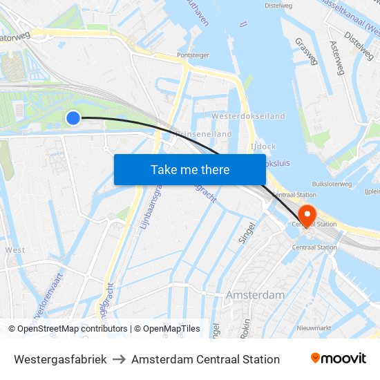 Westergasfabriek to Amsterdam Centraal Station map