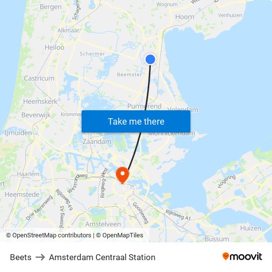 Beets to Amsterdam Centraal Station map