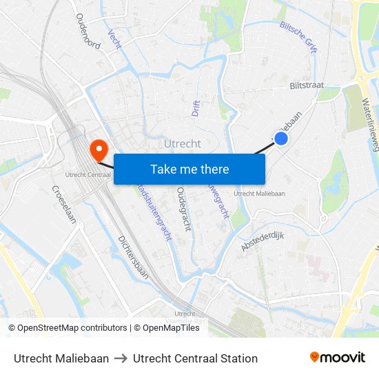 Utrecht Maliebaan to Utrecht Centraal Station map