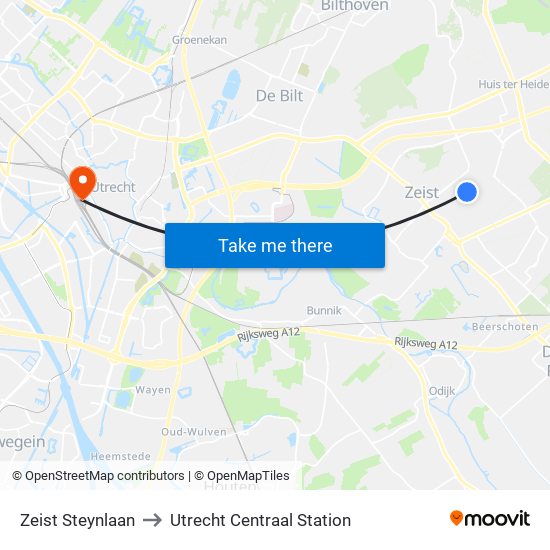 Zeist Steynlaan to Utrecht Centraal Station map