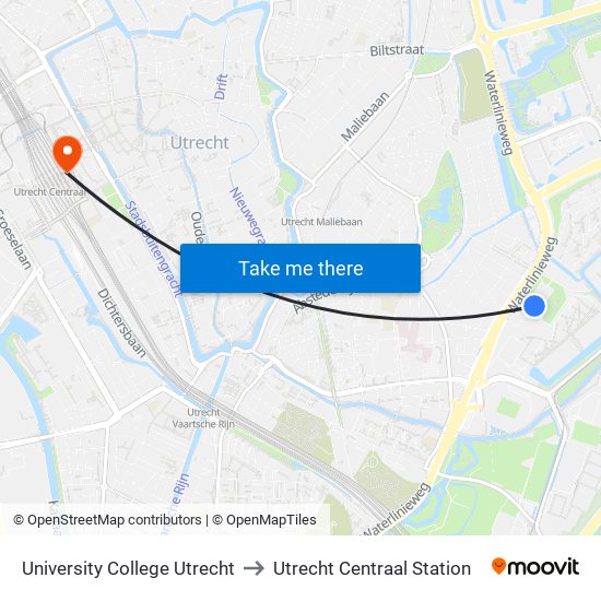 University College Utrecht to Utrecht Centraal Station map