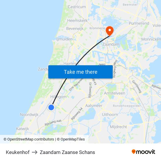 Keukenhof to Zaandam Zaanse Schans map