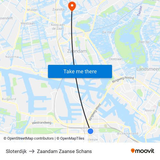 Sloterdijk to Zaandam Zaanse Schans map