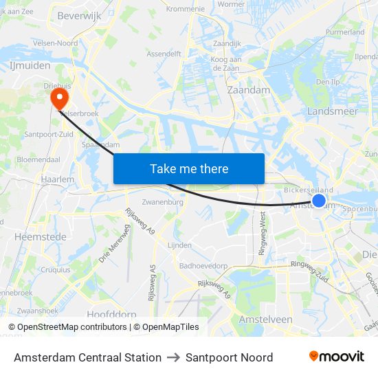 Amsterdam Centraal Station to Santpoort Noord map