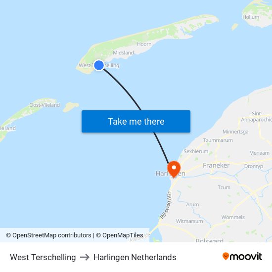 West Terschelling to Harlingen Netherlands map